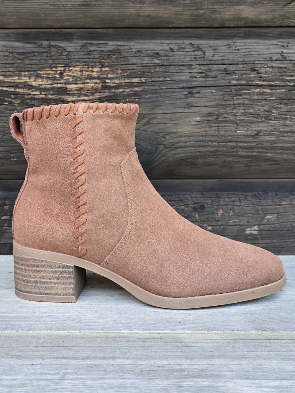 Toms NEW Delilah Western Boho Minimalist Suede Whipstich Block Heel Bootie 6.5M